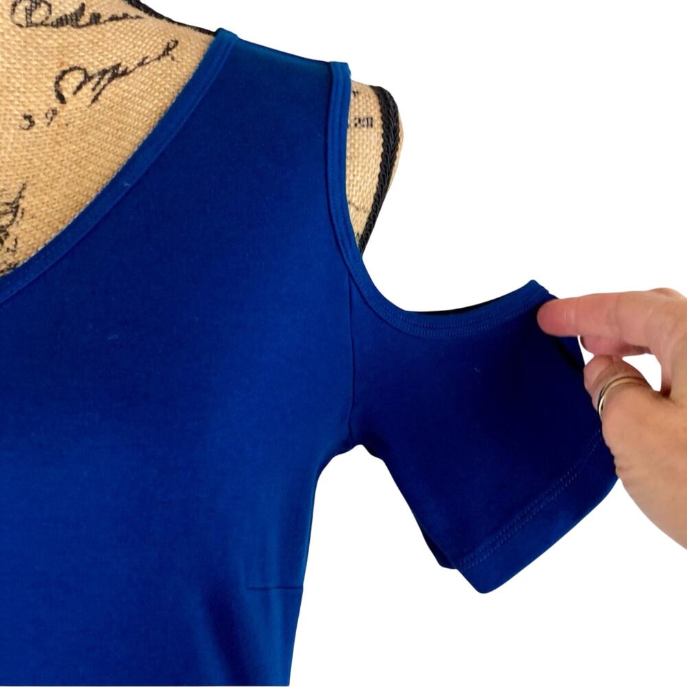 New York & Company Cobalt Blue Cold Shoulder Dress Flattering Fit & Flare Design - Picture 6 of 16